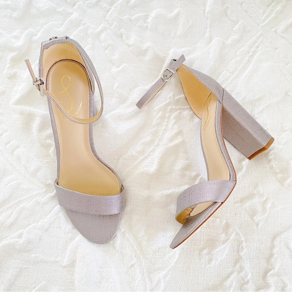 Sam Edelman Silver Textured Ankle-Strap Block Heel Sandals